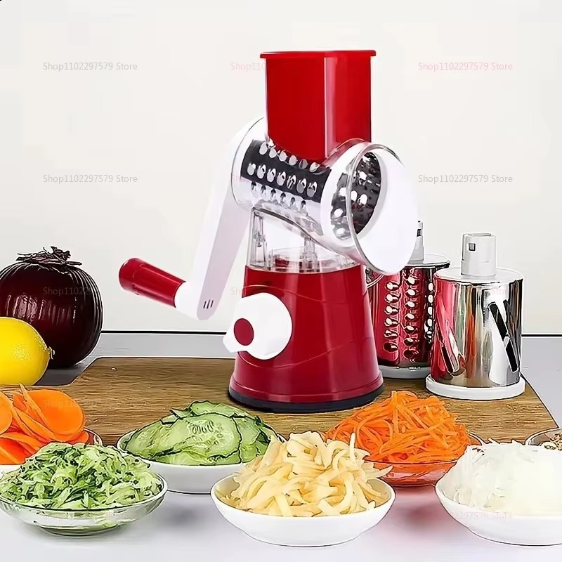 New vegetable cutter & slicer manual kitchen cheese chopper machine with three sharp drums multifunctional garlic potato shredder   for easy food  preparation (random colour)