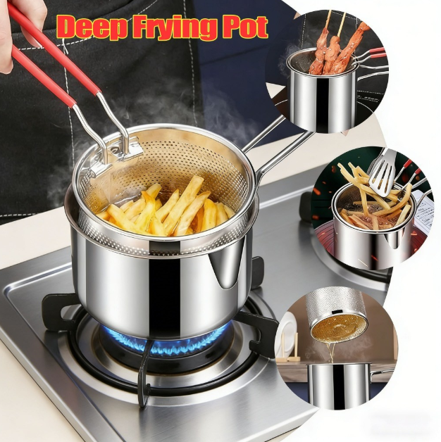 Deep Fryer Pot with Basket, Mini Deep Oil Fryer, 304 Stainless Steel Gadgets with Anti Scalding Silicone Handle, Fryer Pot for Home Tempura Chips Fries Fish Chicken