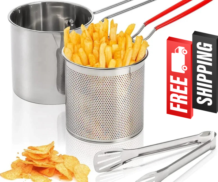 Deep Fryer Pot with Basket, Mini Deep Oil Fryer, 304 Stainless Steel Gadgets with Anti Scalding Silicone Handle, Fryer Pot for Home Tempura Chips Fries Fish Chicken