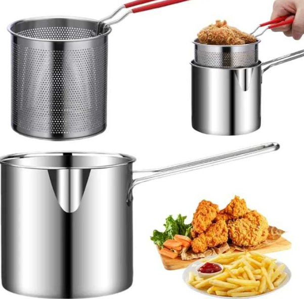Deep Fryer Pot with Basket, Mini Deep Oil Fryer, 304 Stainless Steel Gadgets with Anti Scalding Silicone Handle, Fryer Pot for Home Tempura Chips Fries Fish Chicken