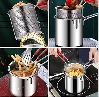 Deep Fryer Pot with Basket, Mini Deep Oil Fryer, 304 Stainless Steel Gadgets with Anti Scalding Silicone Handle, Fryer Pot for Home Tempura Chips Fries Fish Chicken