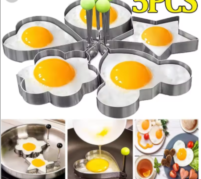 5 Pcs Stainless Steel Egg Mold Set, Non-Stick Fried Egg Ring & Egg Shaper, Pancake Mold, Omelette Mould