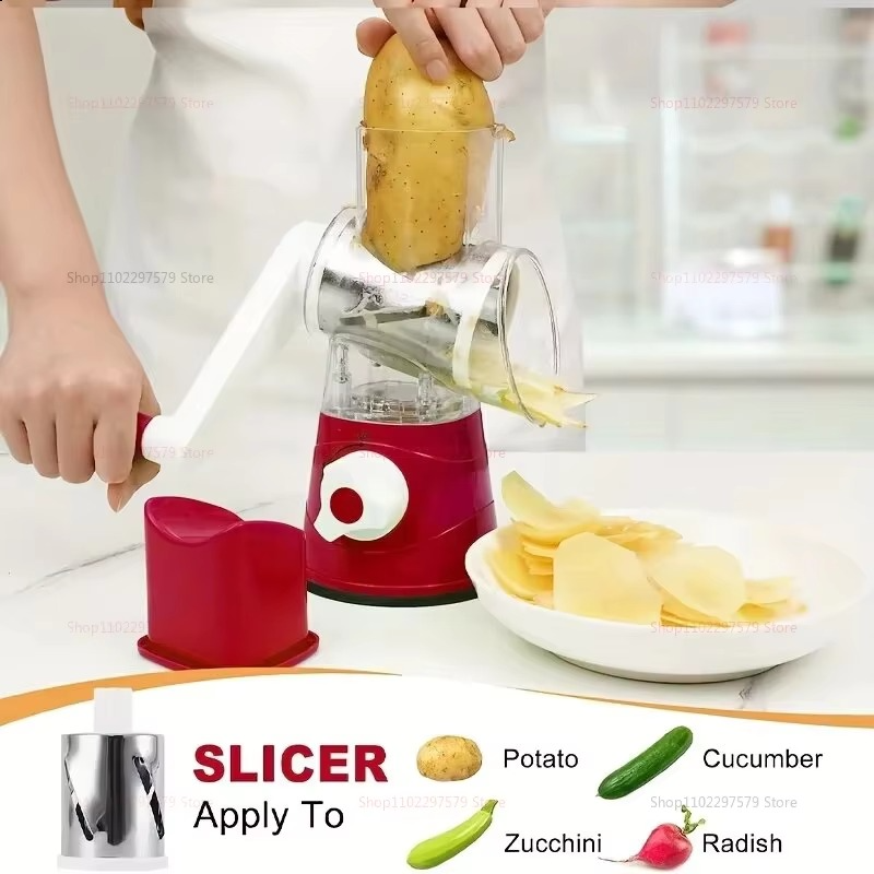 New vegetable cutter & slicer manual kitchen cheese chopper machine with three sharp drums multifunctional garlic potato shredder   for easy food  preparation (random colour)